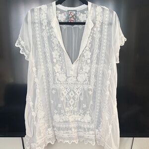 Johnny Was White Sheer Embroidered Tunic